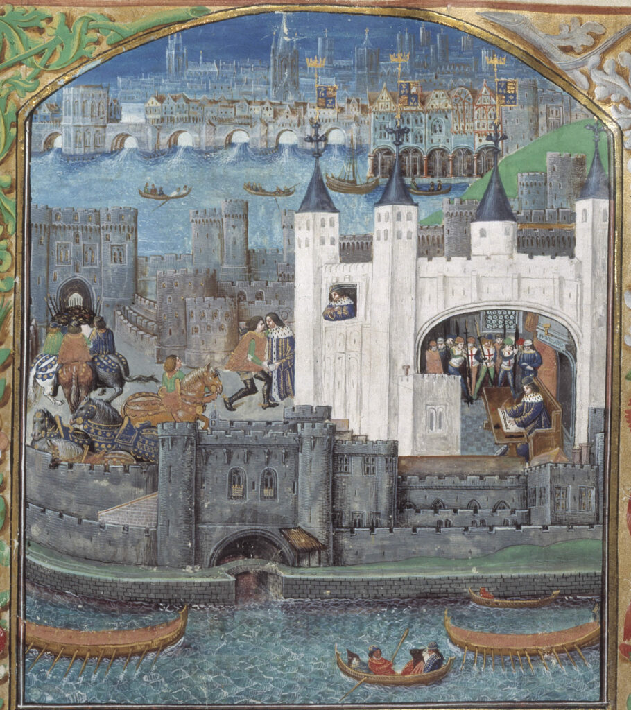 Medieval manuscript illustration of the Tower of London, showing the White Tower and its surrounding walls beside the Thames